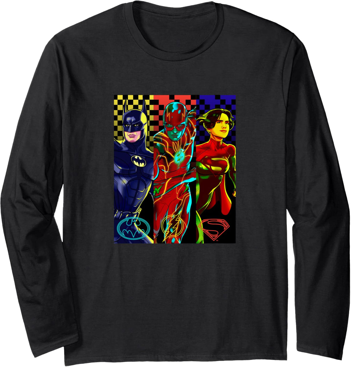 The Flash Batman Supergirl Retro Checkered Comic Hero Panels Long Sleeve Long Sleeve T Shirt Premium Print Hot Right Now