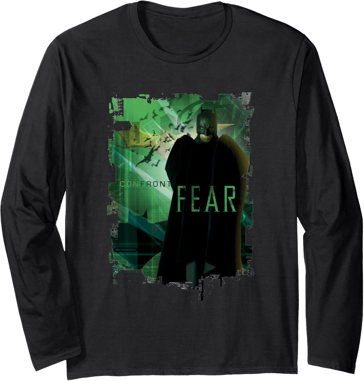 Batman Begins Confront The Fear Distressed Silhouette Poster Long Sleeve Long Sleeve T Shirt Comfort Fit Fan Favorite