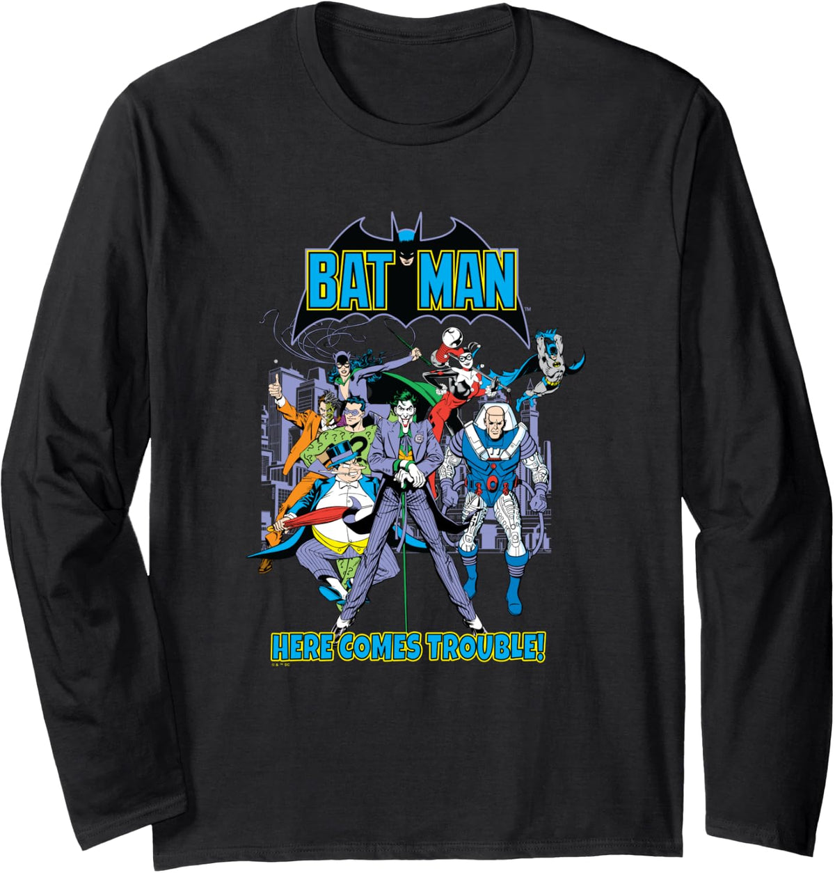 DC Comics Batman Here Comes Trouble Villain Team Group Shot Long Sleeve Long Sleeve T Shirt Trending US Best Seller Look