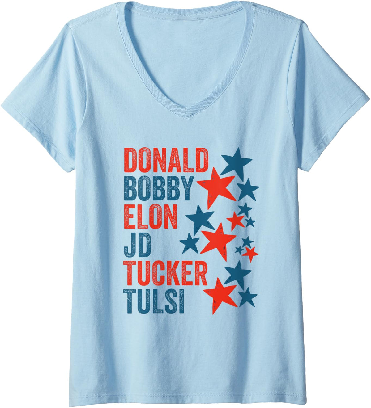 Womens Donald Bobby Elon JD Tucker Tulsi Red White Blue Patriotic V-Neck Apparel | Premium Quality