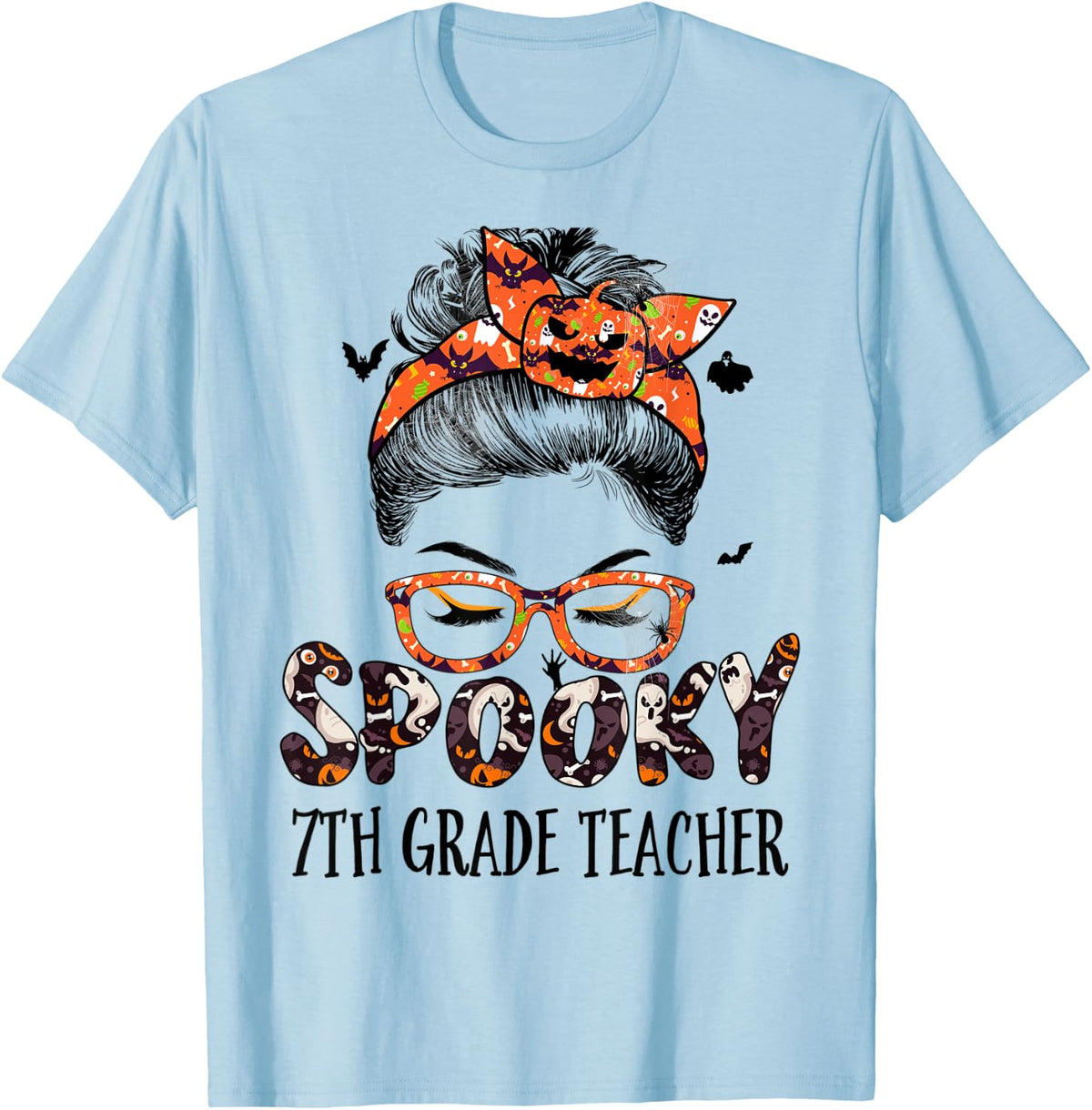 Messy Bun Spooky 7th Grade Teacher Pumpkin Halloween Bat Men Women Apparel Viral TikTok Find Hot Right Now