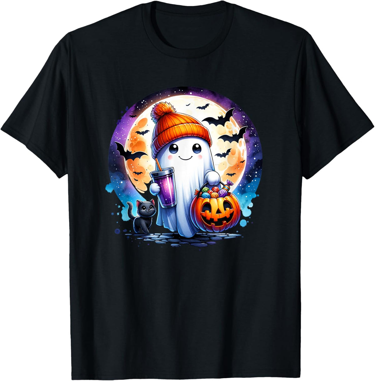 Cute Halloween Ghost Black Cat Drink Pumpkin Candy Bats Men Women Kids Apparel Premium Print Best Seller Look