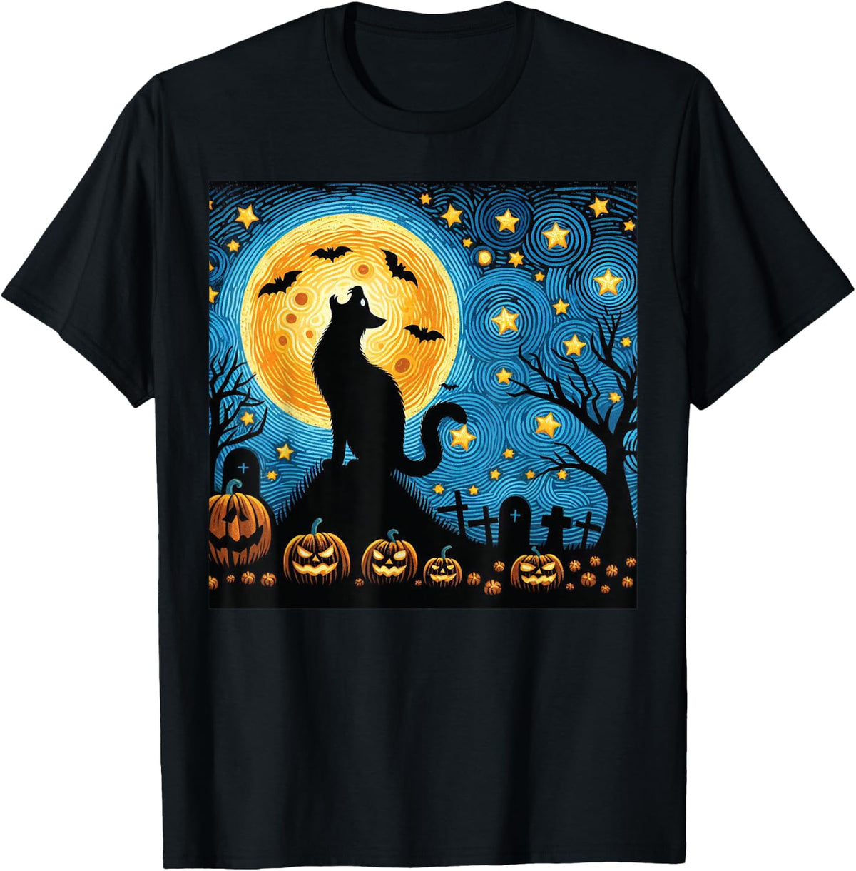Halloween Van Gogh Starry Night Black Cat Pumpkins Bats Men Women Kids Apparel Streetwear Style Gift Ready