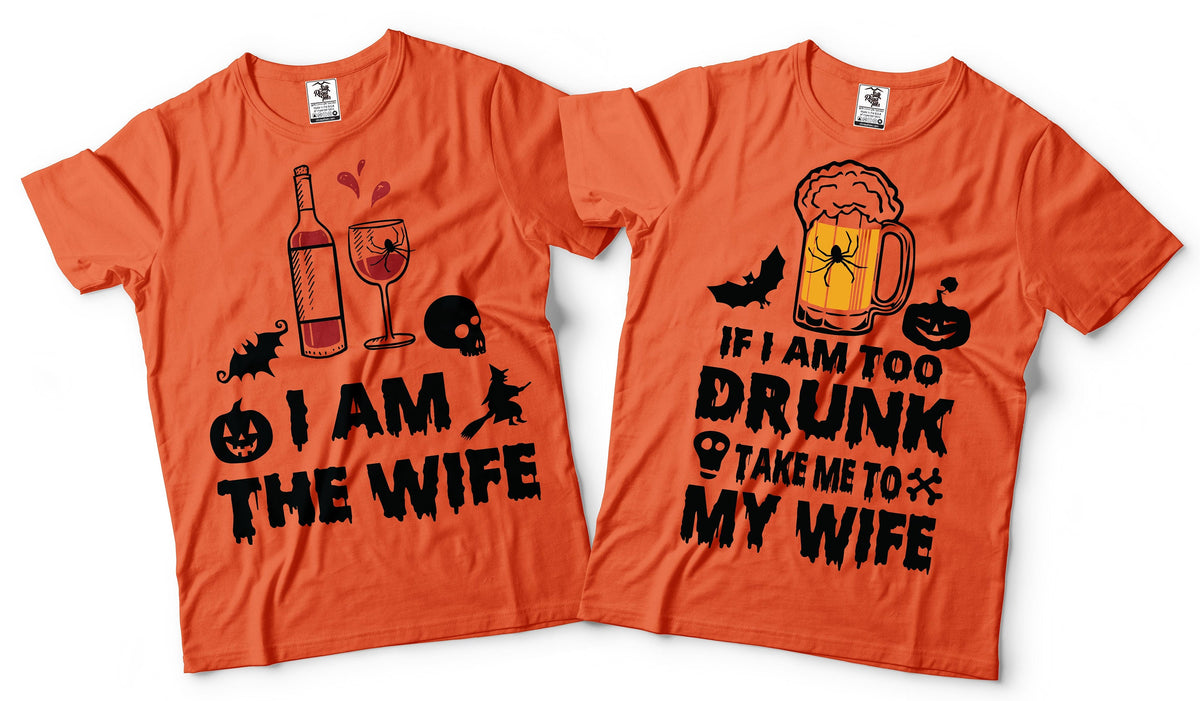 Halloween Orange Couple Matching tees Wife Drinking Halloween costume Shirts gift for her Gift for him Tees Graphic Tee – Cozy Vibes · Must-Have Style