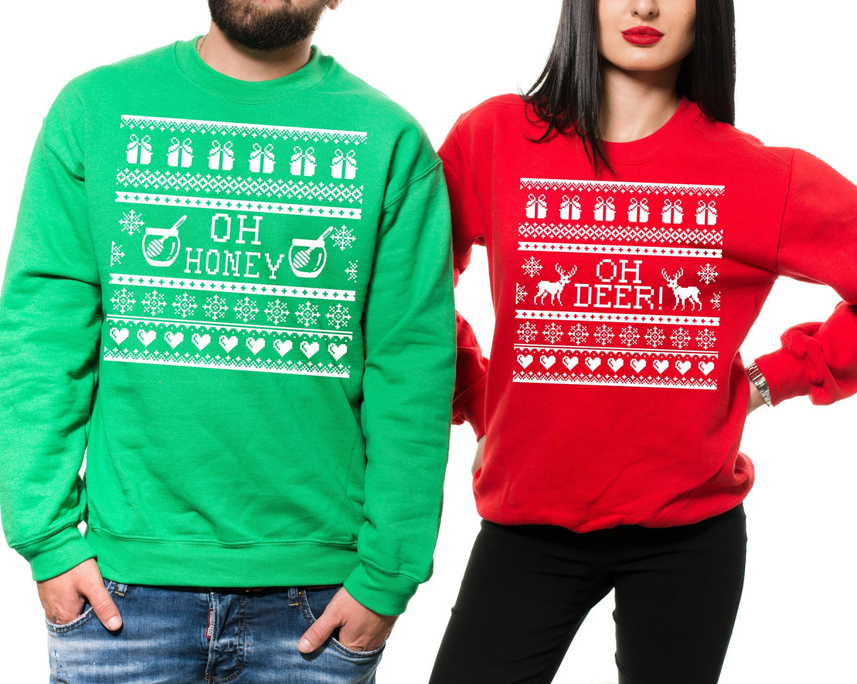 Christmas Sweaters Couple Matching Green Red Honey Deer Funny Sweatshirts Fleece Sweaters Christmas Gift Sweatshirt – Feel-Good Design · Must-Have Style