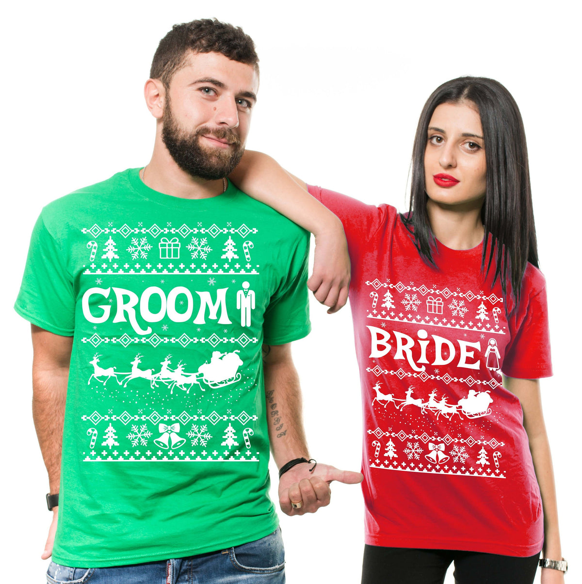 Groom Bride Christmas Shirts Mens Green Womens Red Engagement Wedding Christmas Shirts Graphic Tee – Easygoing Wear · High-Quality Print