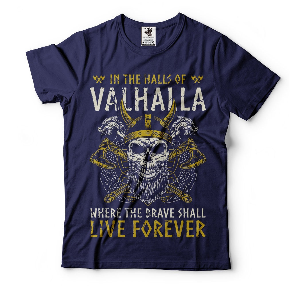 Mens T shirt Valhalla Viking Skull Tee shirt Halls of Valhalla Ragnar Tee shirt Graphic Tee – Aesthetic Look · High-Quality Print