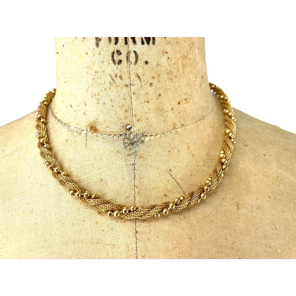 VTG Gold Tone Bead Mesh Twist Costume Jewelry Necklace Graphic Tee – Premium Graphic · High-Quality Print