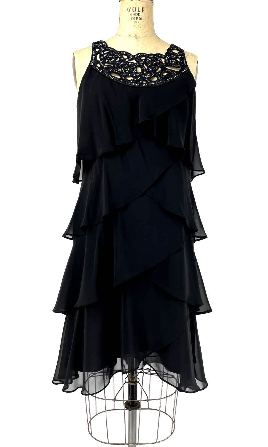 Vintage JR Nites Carol Line Black Sleeveless Bead Embroidered Tiered Ruffle Dress 12 Graphic Tee – Warm & Stylish · Great Gift For Fans