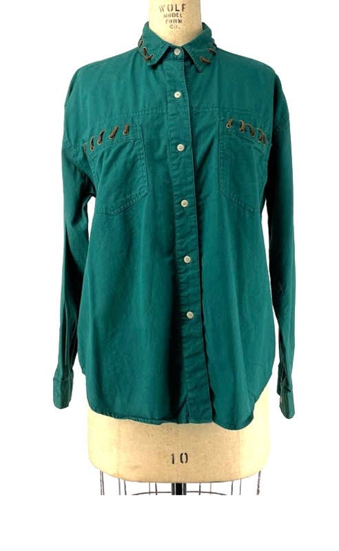 Jeans Wear Western Vintage Green Leather Lace Button Up Shirt Size Large Graphic Tee – Aesthetic Look · Must-Have Style
