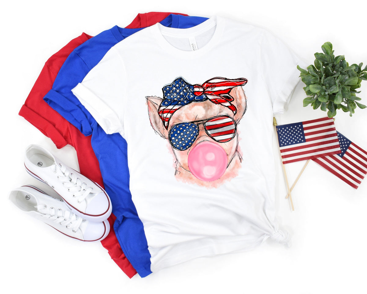4th of July cat Bubblegum Patriotic cat Sunglasses Bandana Bubble Gum Pig Shirt 4th of July Gift Pig blowing Bubble Gum Graphic Tee – Feel-Good Design · Must-Have Style
