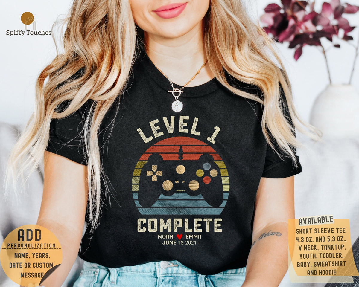 1st Wedding Anniversary Gift for Husband Wife Personalization Level 1 Complete 1 year Anniversary Gift for Gamer Retro Video Game Shirt Graphic Tee – Bold Style · High-Quality Print
