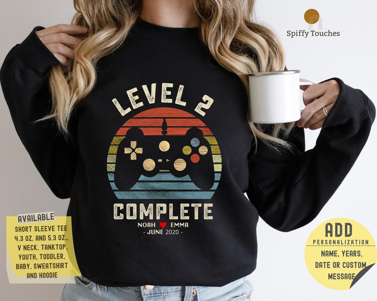 2nd Wedding Anniversary Gift for Husband Wife Personalization Level 2 Complete Anniversary Gift Gamer Husband Gift Retro Video Game Shirt Graphic Tee – Fan Favorite · Perfect For Daily Wear