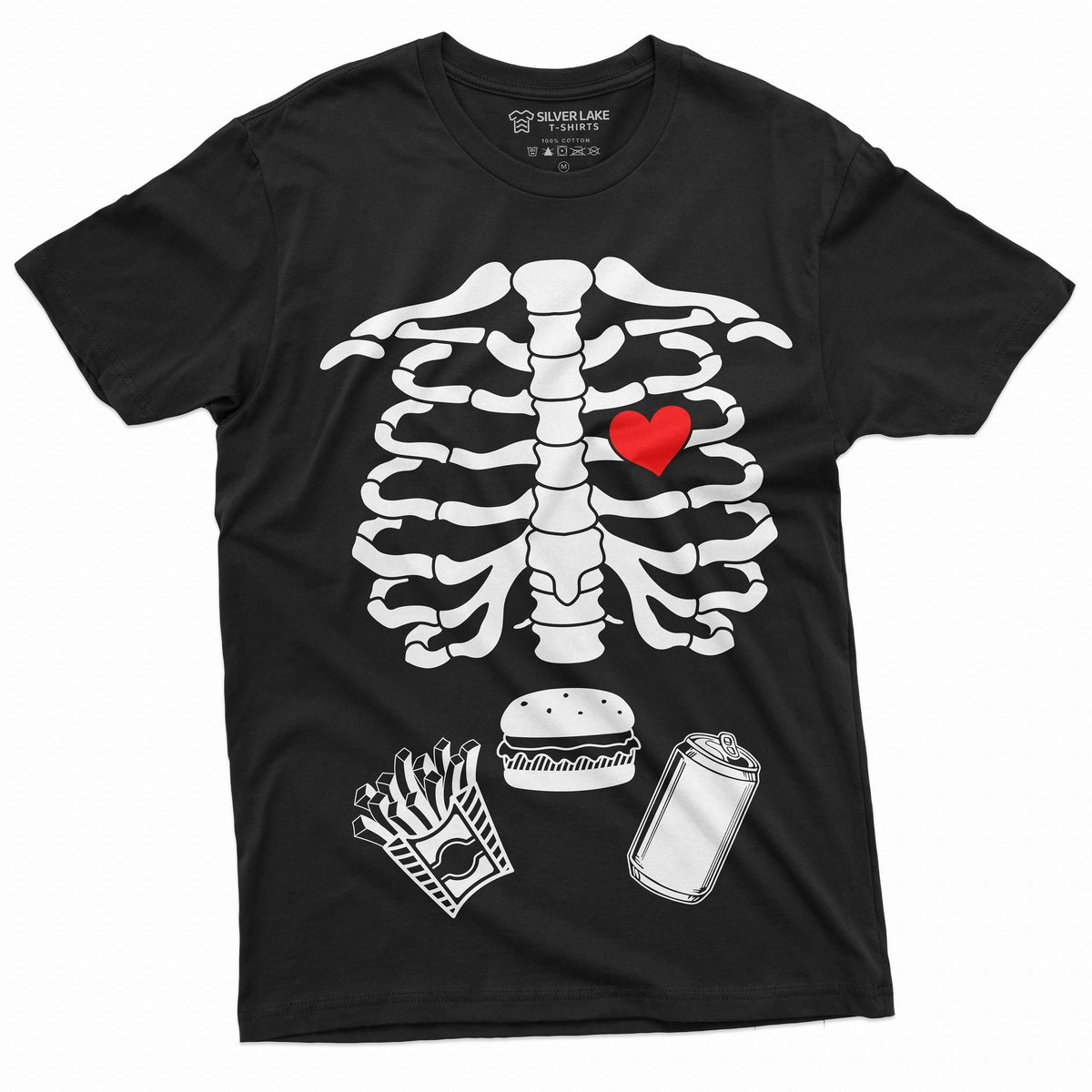 Men39s Halloween Skeleton T shirt Ribcage Bones Funny Tee Burger Fried soda Costume Party Halloween Shirt for Him Graphic Tee – Soft Feel · High-Quality Print