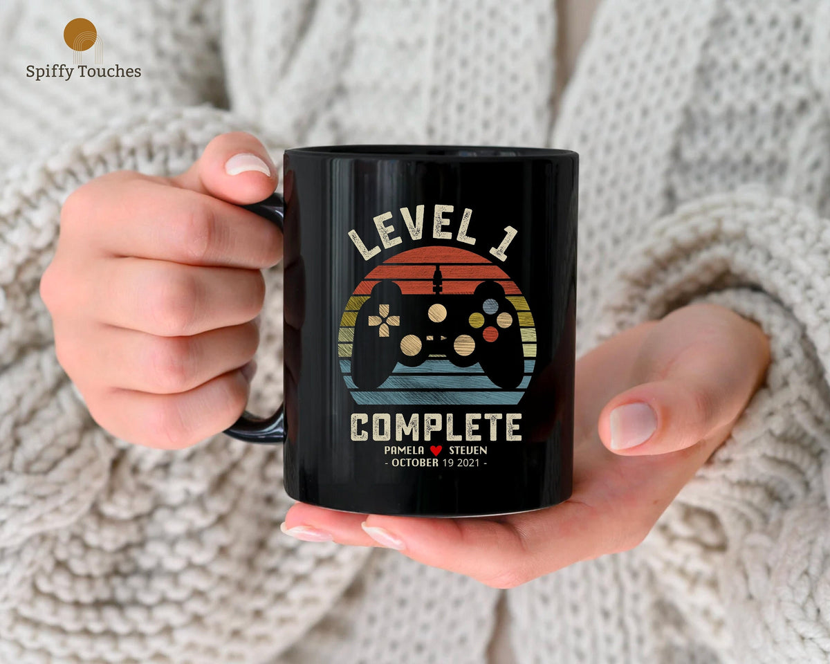 1st Wedding Anniversary Gift for Husband Wife Personalization Level 1 Complete 1 year Anniversary Gift for Gamer Retro Video Game Mug Graphic Tee – Soft Feel · Must-Have Style