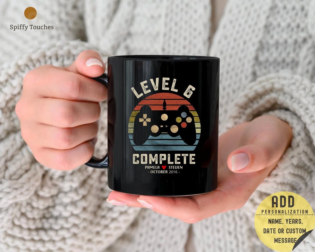 6th Wedding Anniversary Gift for Husband Wife Personalization Level 6 Complete 6 year Anniversary Gift for Gamer Retro Video Game Mug Graphic Tee – Soft Feel · Must-Have Style