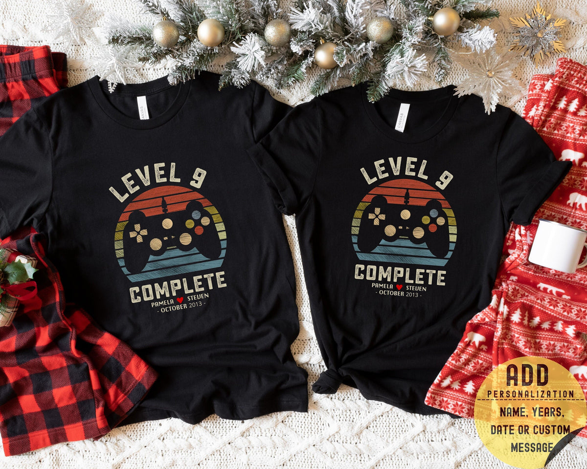 9th Wedding Anniversary Gift for Husband Wife Personalization Level 9 Complete 9 year Anniversary Gift for Gamer Retro Video Game Shirt Graphic Tee – Premium Graphic · Great Gift For Fans