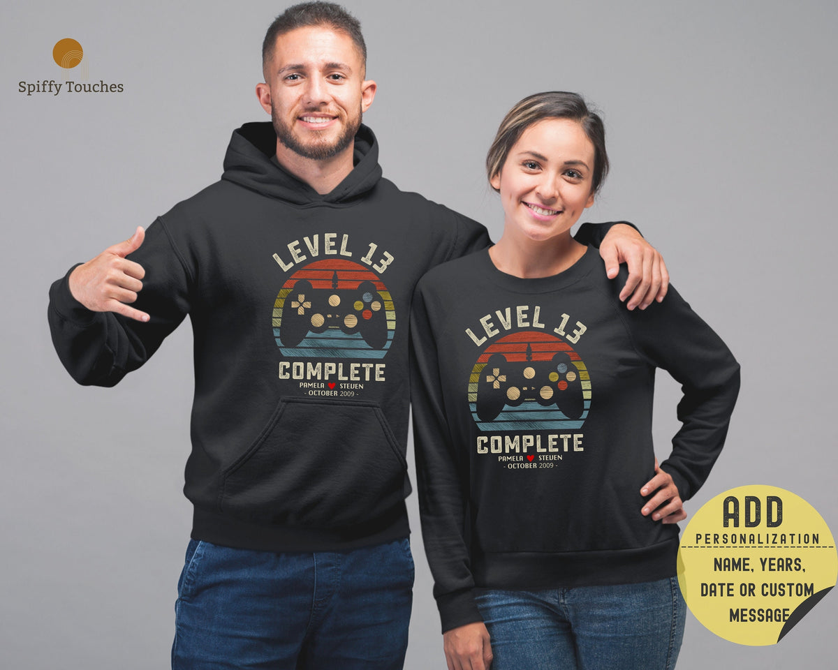 13th Wedding Anniversary Gift for Husband Wife Personalization Level 13 Complete 13 year Anniversary Gift for GamerRetro Video Game Shirt Graphic Tee – Fan Favorite · Top Pick For Any Outfit