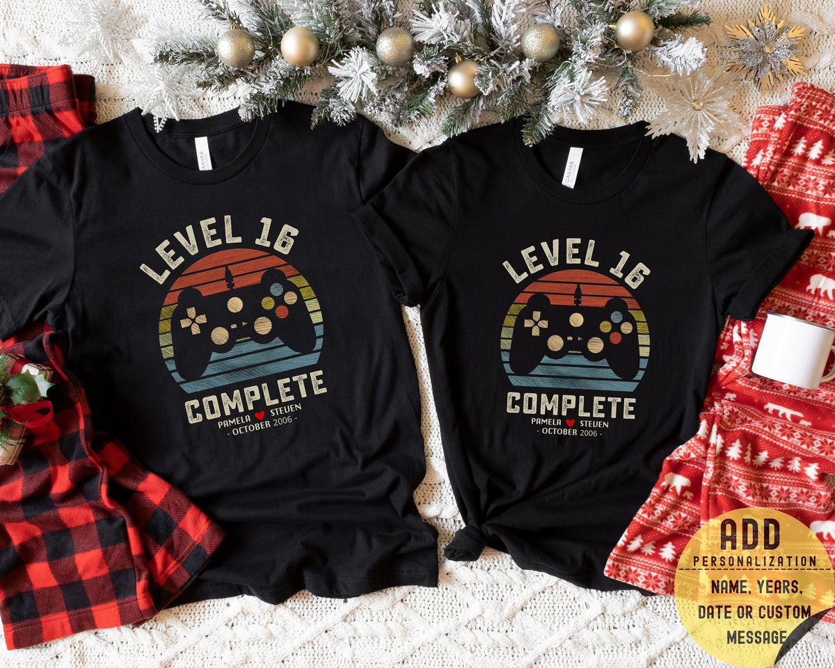 16th Wedding Anniversary Gift for Husband Wife Personalization Level 16 Complete 16 year Anniversary Gift for GamerRetro Video Game Shirt Graphic Tee – Everyday Comfort · Perfect For Daily Wear