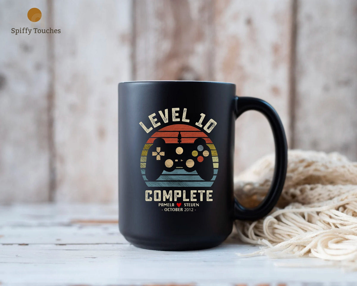 10th Wedding Anniversary Gift for Husband Wife Personalization Level 10 Complete 10 year Anniversary Gift for Gamer Retro Video Game Mug Graphic Tee – Premium Graphic · Trending Graphic Apparel