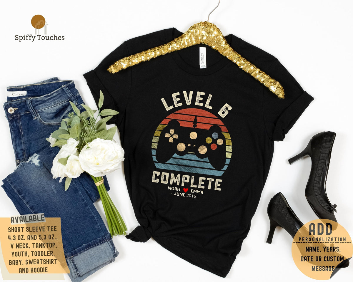 6th Wedding Anniversary Gift for Husband Wife Personalization Level 6 Complete Anniversary Gift Gamer Husband Gift Retro Video Game Shirt Graphic Tee – Fan Favorite · Top Pick For Any Outfit