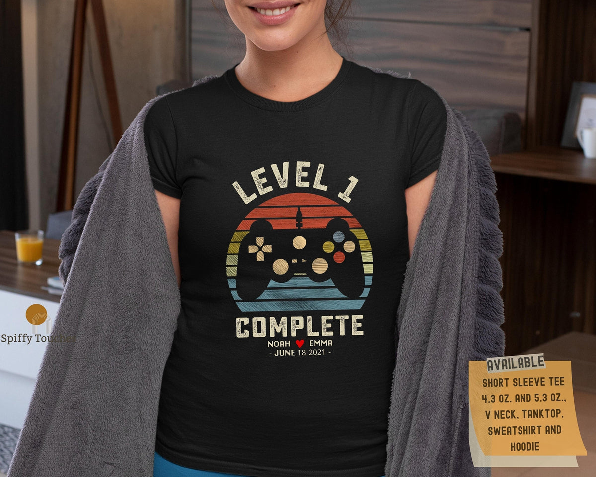 1st Wedding Anniversary Gift for Husband Wife Personalization Level 1 Complete Anniversary Gift Gamer Husband Gift Retro Video Game Shirt Graphic Tee – Cozy Vibes · Trending Graphic Apparel