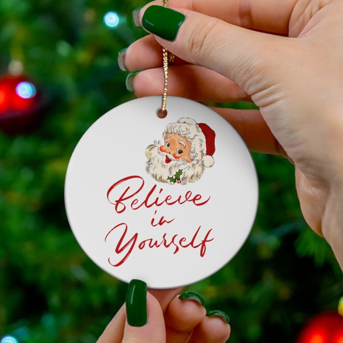 Believe in Yourself Retro Santa Ceramic Christmas Ornament Graphic Tee – Fan Favorite · Perfect For Daily Wear