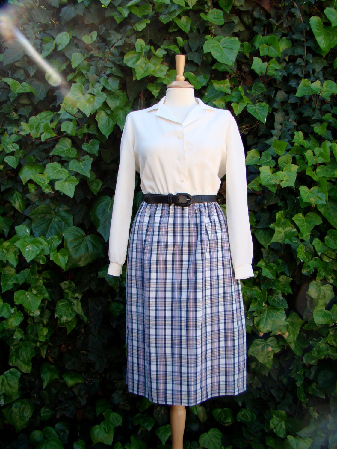 Vintage 70s White Blue Plaid Long Sleeve Secretary Dress LARGE Graphic Tee – Soft Feel · Perfect For Daily Wear