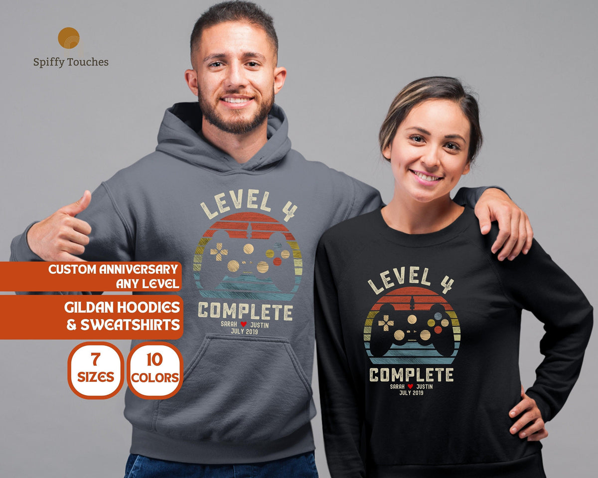4th Wedding Anniversary Gift for Husband Wife Personalization Level 4 Complete Anniversary Gift Gamer Husband GiftRetro Video Game Hoodie Hoodie – Easygoing Wear · Great Gift For Fans