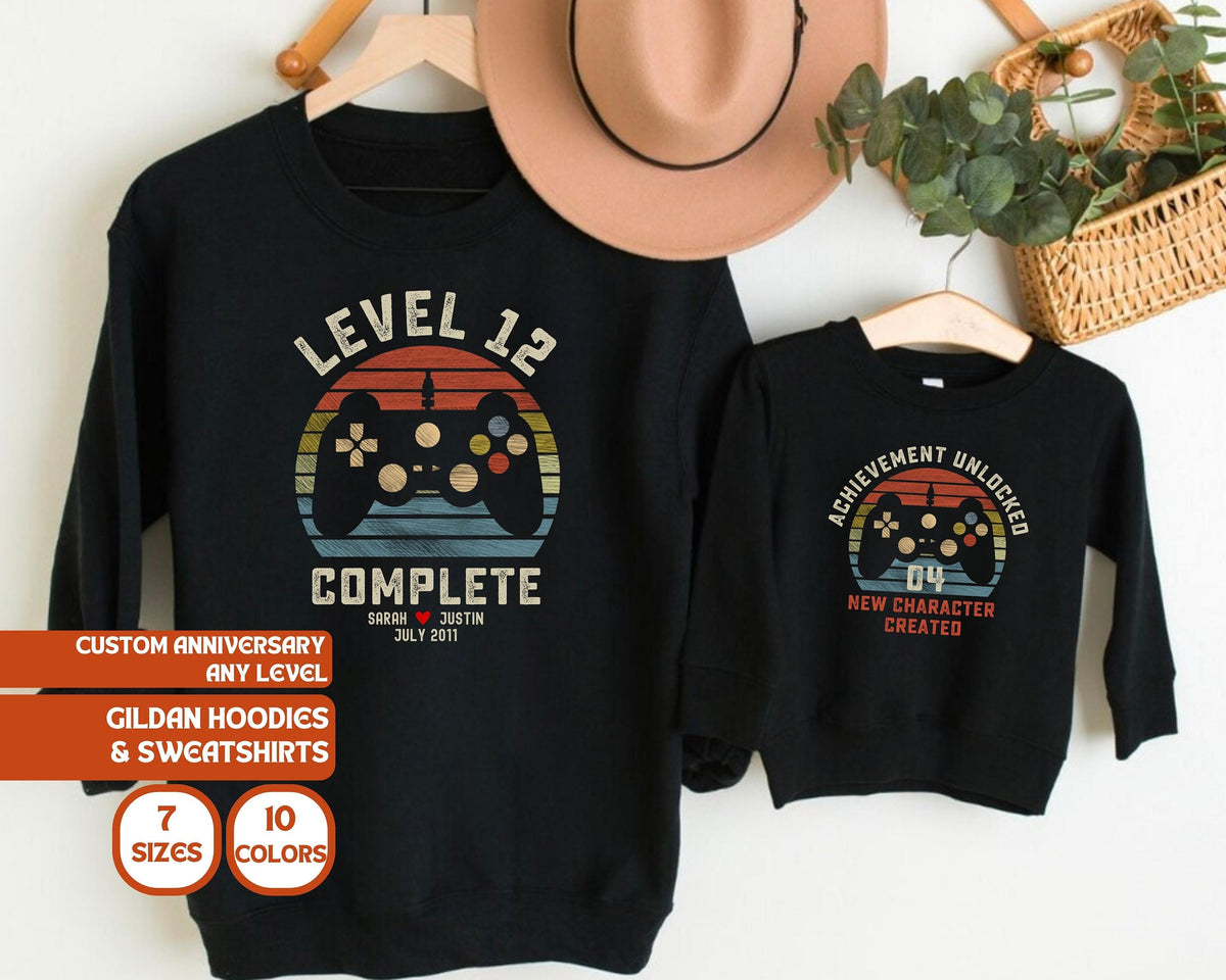 12th Wedding Anniversary Gift for Husband Wife Personalization Level 12 Complete Anniversary Gift Gamer Husband GiftRetro Game Sweatshirt Sweatshirt – Soft Feel · Great Gift For Fans