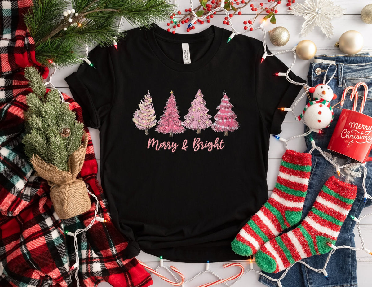 Merry Bright Chistmas Shirt Pink Tree Christmas Sweater Christmas Sweater Christmas Tree Sweatshirt Holiday Sweaters for Women Sweatshirt – Soft Feel · Must-Have Style