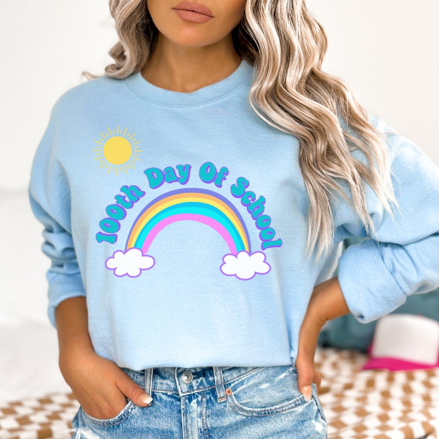 100th Day Of School Rainbow Clouds Sweatshirt Teacher Appreciation Gift School Spirit Wear Student Celebration Apparel Sweatshirt – Aesthetic Look · Perfect For Daily Wear