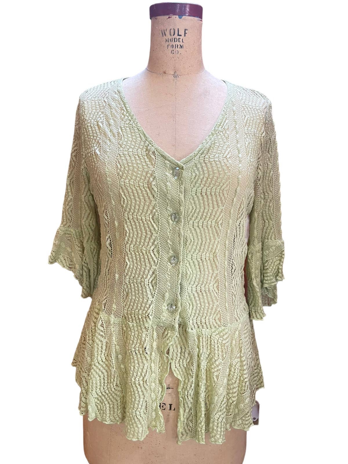 Womens Button Up Peplum Top Green Knitted Lace V Neck Bell 34 Sleeve XL Graphic Tee – Fan Favorite · Top Pick For Any Outfit