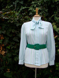 Vintage 80s Mint Green Striped Puffed Long Sleeve Secretary Blouse LARGE Graphic Tee – Fan Favorite · High-Quality Print