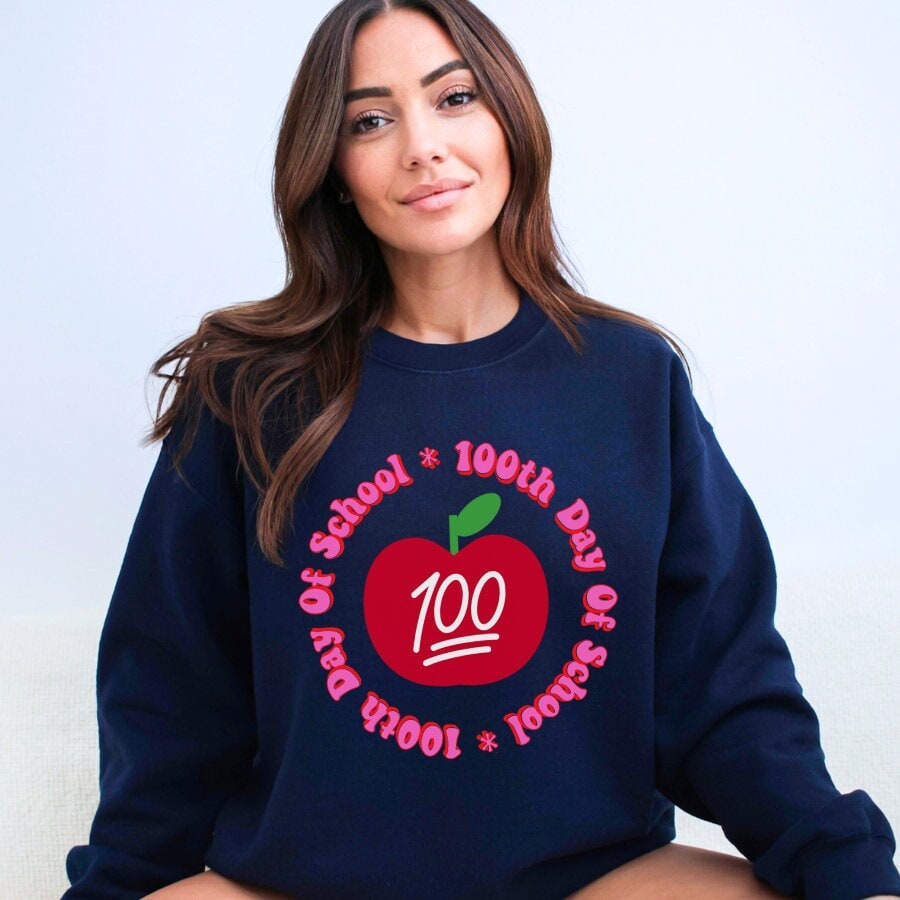 100th Day Of School Red Apple Sweatshirt Teacher Gift School Celebration Student Apparel Educational Clothing Crewneck Jumper Sweatshirt – Everyday Comfort · Great Gift For Fans
