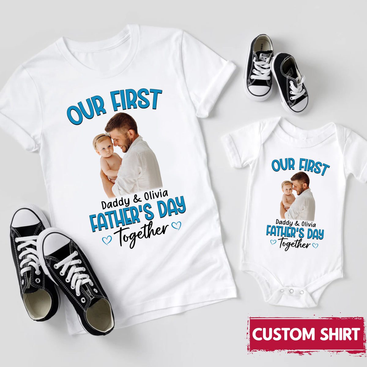 Custom Our First Fathers Day Matching Shirts Daddy Tshirt and Baby Onesie Our First Fathers Day Together 2025 Shirts Matching Daddy Baby Graphic Tee – Bold Style · Trending Graphic Apparel