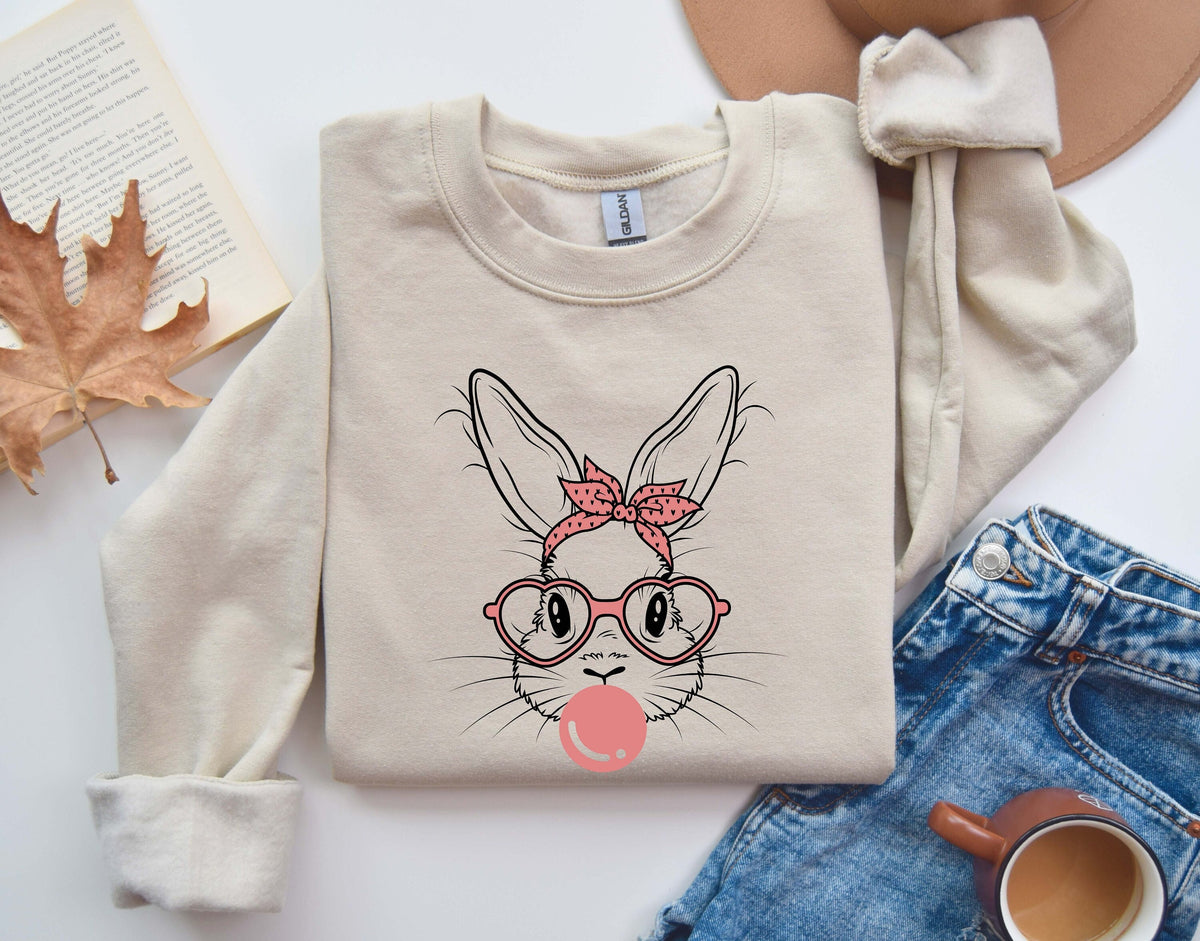 Bunny with Leopard Glasses sweatshirtEaster shirtEaster bunny graphic teeEaster shirts for womenLadies Easter BunnyBubble Gum Bunny Tee Sweatshirt – Fan Favorite · High-Quality Print