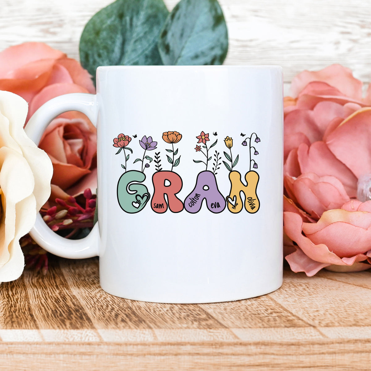 Personalized Gran Mug Gran Mug with Grandchildren39s Names Floral Gran Mug Mother39s Day Gift for Gran Gran Mug Gran Gifts Gran Graphic Tee – Bold Style · Top Pick For Any Outfit