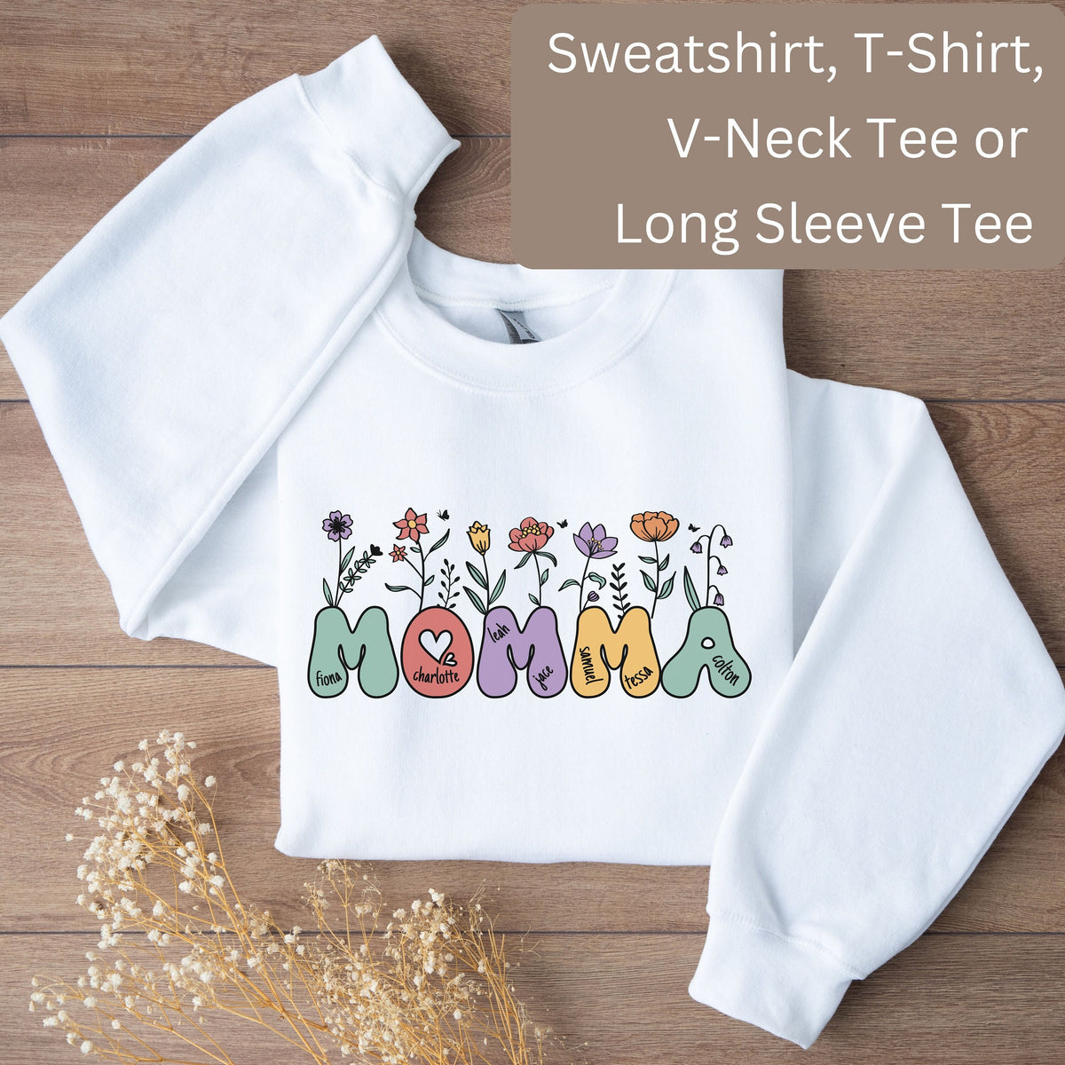 Personalized Momma V Neck Tee T Shirt or Sweatshirt Momma Long Sleeve T Shirt Gift for Momma Custom Momma Shirt with Names Momma Sweatshirt – Feel-Good Design · High-Quality Print