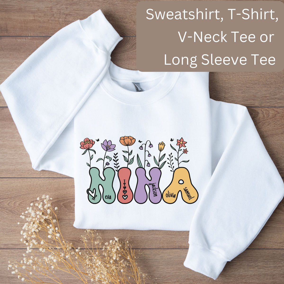 Personalized Nina V Neck Tee T Shirt or Sweatshirt Nina Long Sleeve T Shirt Gift for Nina Custom Nina Shirt with Names Nina Wildflowers Sweatshirt – Aesthetic Look · Great Gift For Fans