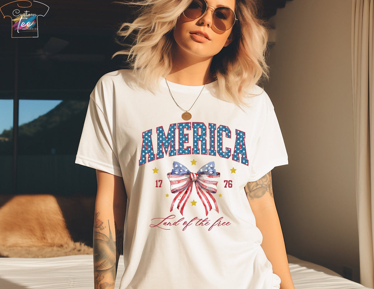 America Womens Shirts Coquette 4th of July Shirt 4th of July Shirt USA shirt Summer Shirt Red White and Blue Patriotic 1776 Bow Graphic Tee – Feel-Good Design · Top Pick For Any Outfit