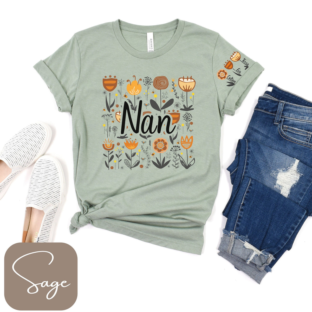 Nan Personalized Shirt Sleeve Writing with Kids Names Boho Style Nan Shirt with Wildflowers Gift for Nan Nan Flower Shirt Boho Nan Graphic Tee – Easygoing Wear · Trending Graphic Apparel