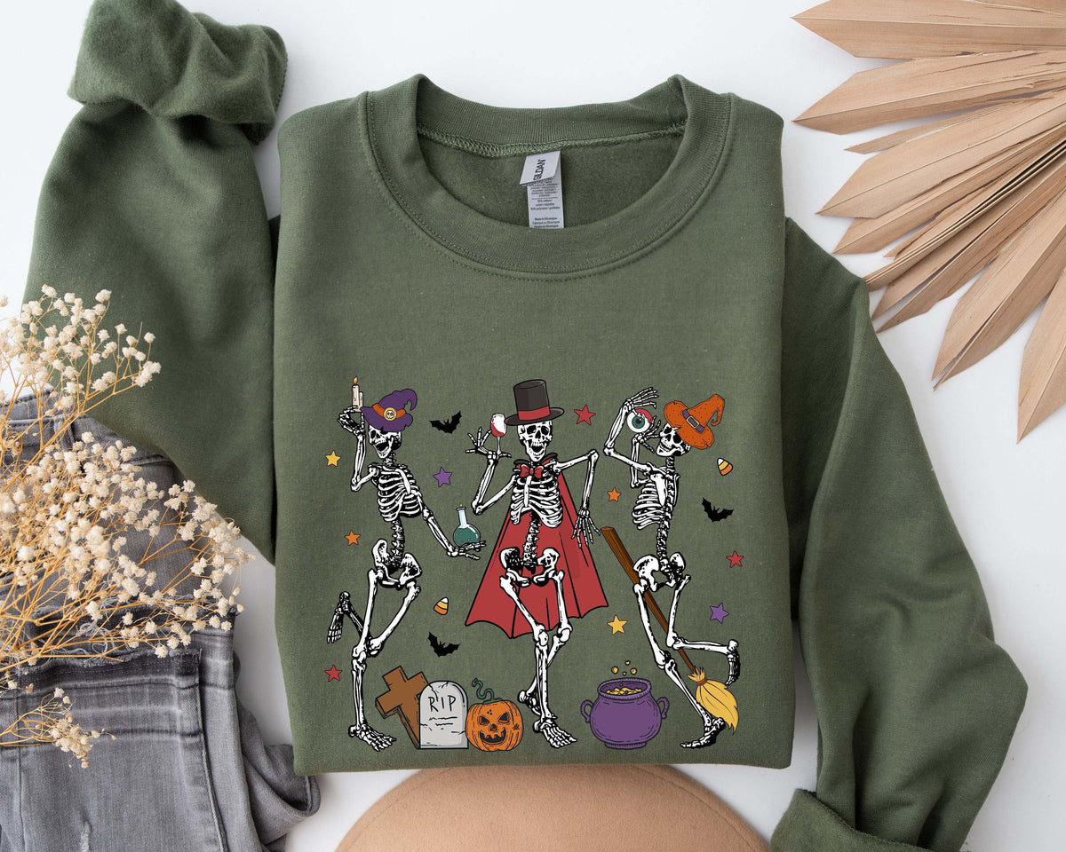 Dancing Skeleton Sweatshirt Skeleton and Pumpkin Sweatshirt for Halloween Fall Halloween Party Sweatshirt Spooky Season Gift Sweatshirt Sweatshirt – Fan Favorite · High-Quality Print