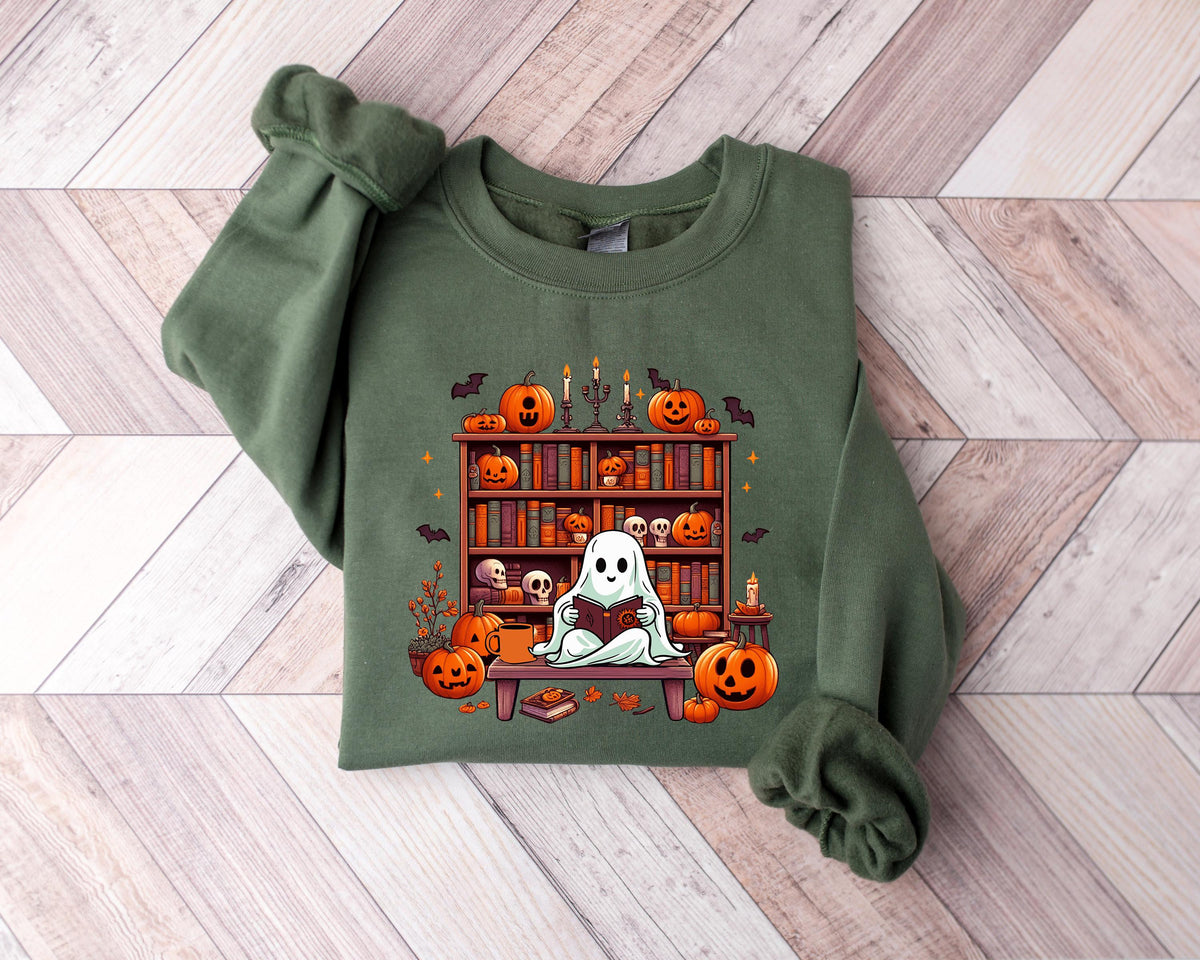 Ghost Reading Books Sweatshirt Librarian Ghost Halloween Halloween Teacher Sweatshirt Halloween Shirt Teacher Gift Boo School Sweatshirt – Soft Feel · Top Pick For Any Outfit