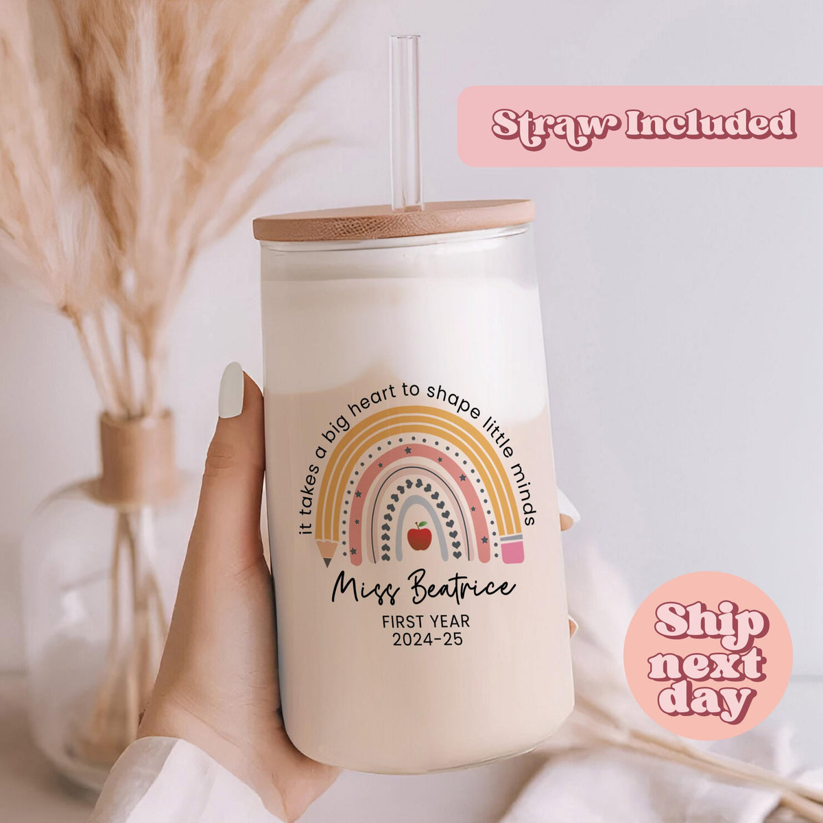 It Takes A Big Heart To Shape Little Minds Libbey Personalized Teacher Present First Year Teacher Iced Coffee Glass FL 32 Graphic Tee – Cozy Vibes · Trending Graphic Apparel