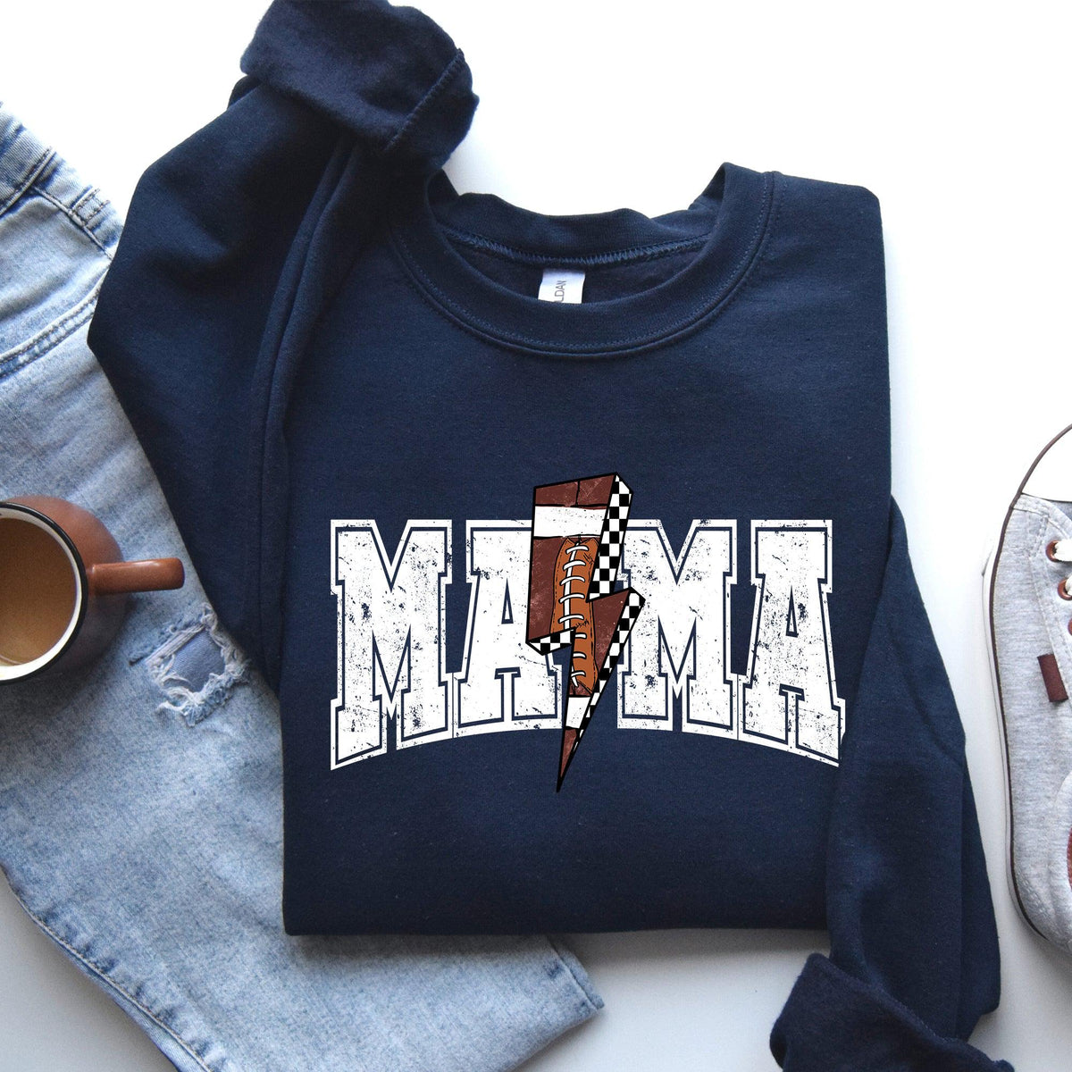 Mama Lightening Bolt Checkered Football Sports Game Day Big Game Touchdown Tailgate Party Sweatshirt Crew Neck Team Sweatshirt – Premium Graphic · High-Quality Print