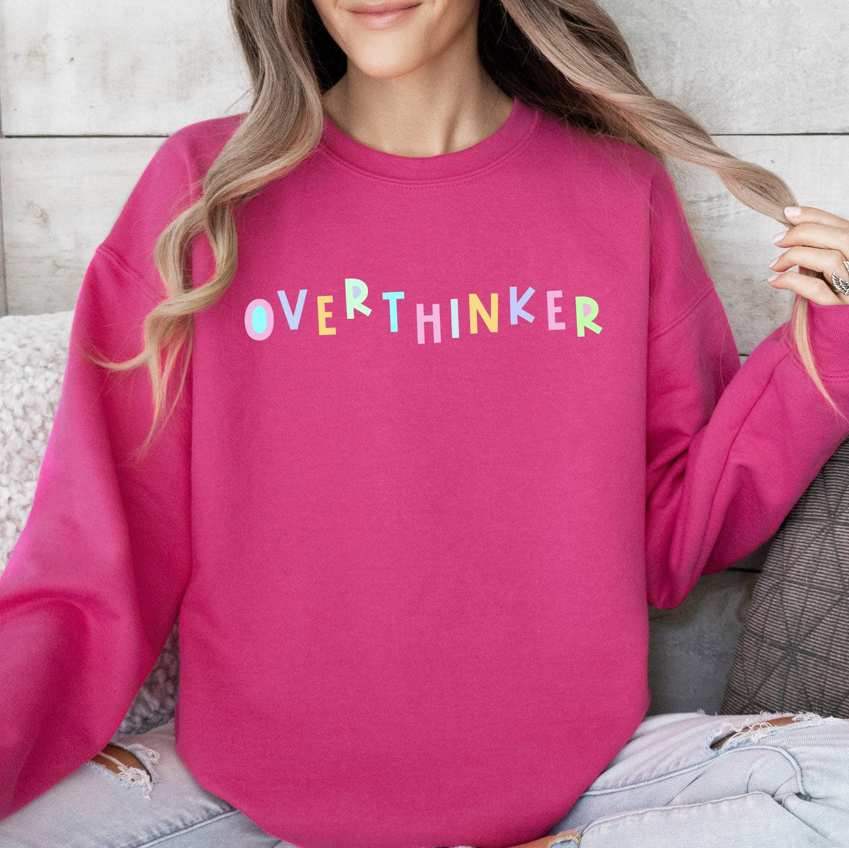 Overthinker Sweatshirt Positivity Funny Sarcastic Mom Gift Mental Health Colorful Pastel Crewneck Crew Neck Sweatshirt Sweatshirt – Cozy Vibes · High-Quality Print