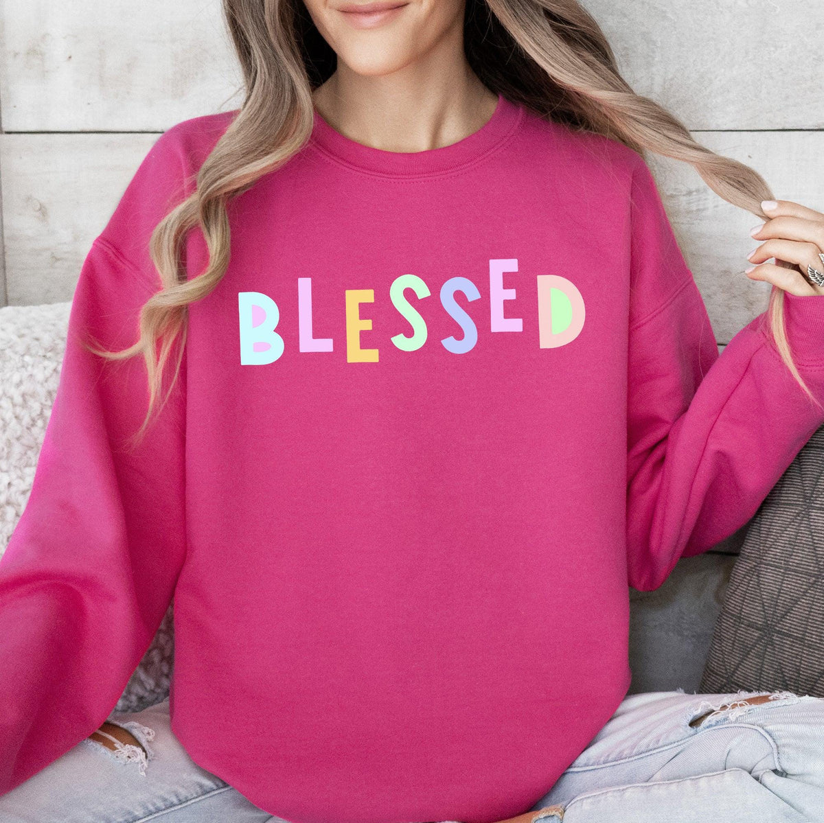 Blessed Sweatshirt Positivity Funny Sarcastic Mom Gift Mental Health Colorful Pastel Crewneck Crew Neck Sweatshirt Sweatshirt – Easygoing Wear · Top Pick For Any Outfit
