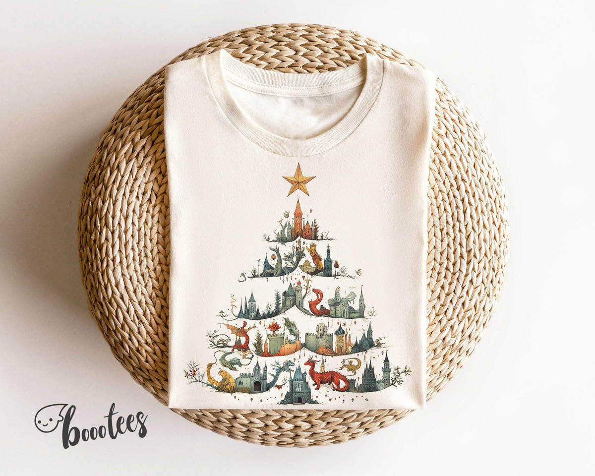 Dragon Christmas Tree Shirt Unique Graphic T shirt Tshirt Tee Retro Style Illustration Art Mythical Cryptid Fantasy Fairy Imaginary RPG Graphic Tee – Premium Graphic · High-Quality Print