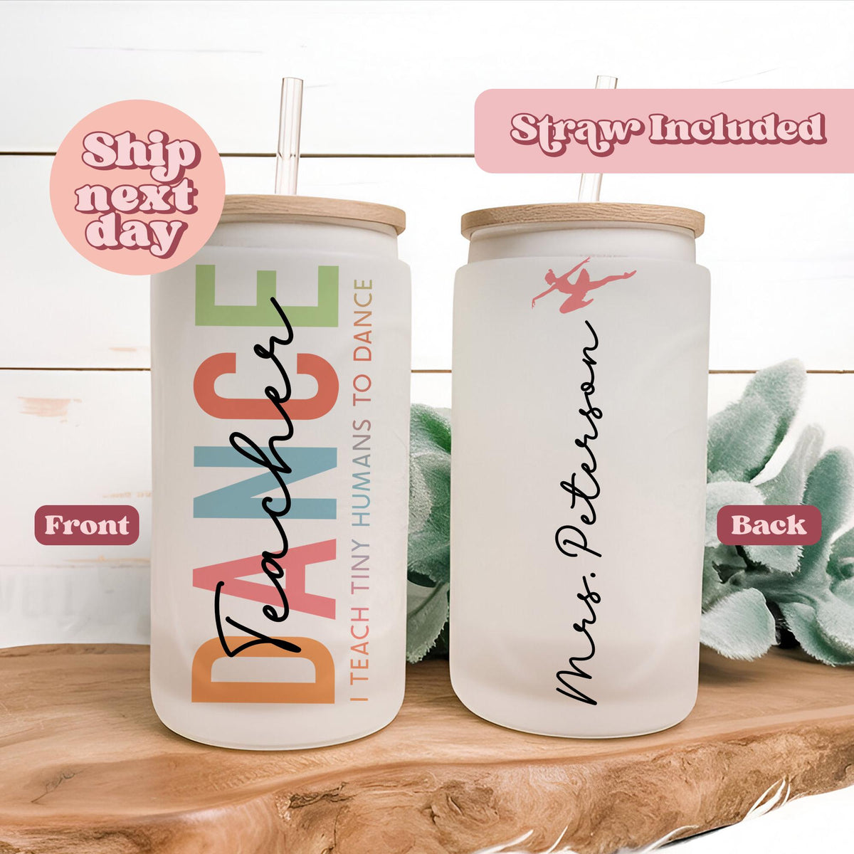 Personalized Dance Teacher Glass Iced Coffee Cup Custom 16oz Frosted Tumbler with Straw Lid Dance Teacher Gift for Christmas Graphic Tee – Everyday Comfort · Must-Have Style